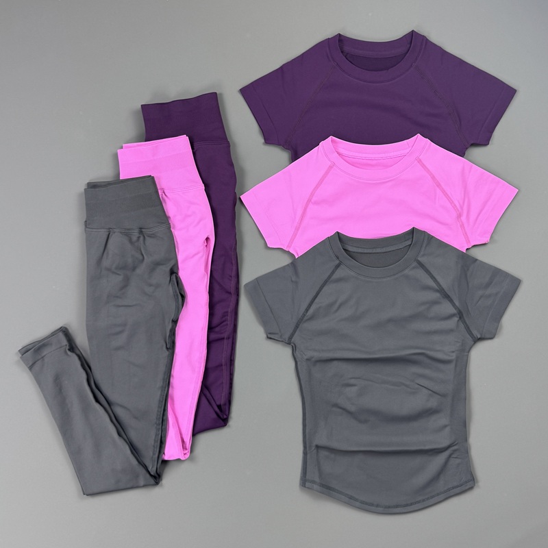 Pilates Yoga Legging - 2 ピースジムセット女性ラグラン半袖スポーツトップハイウエストシームレスレギンス生地お尻整形スキニーパンツピラティス衣装